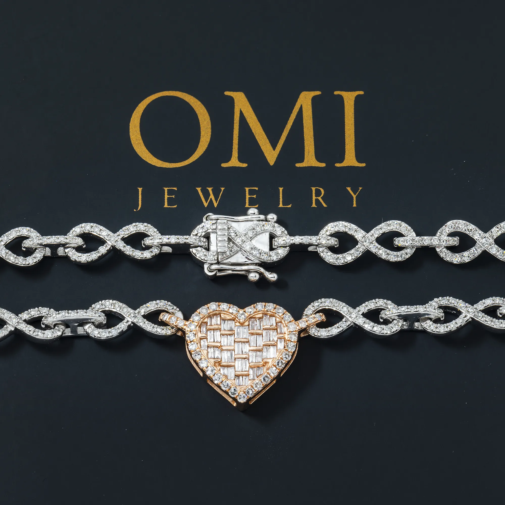10K GOLD TWO TONE BAGUETTE AND ROUND DIAMOND INFINTY LINK HEART CHAIN 6.51 CT