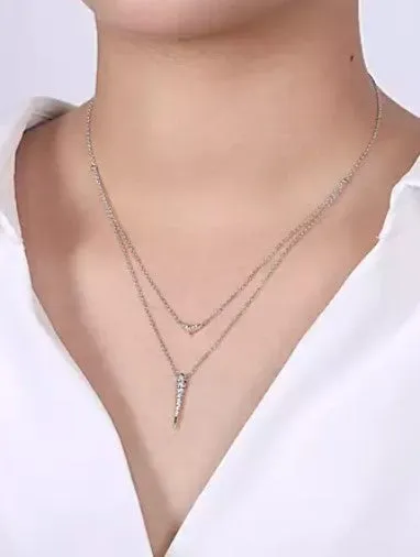 14K White Gold Layered Pavé Diamond Bar and Spike Pendant Necklace