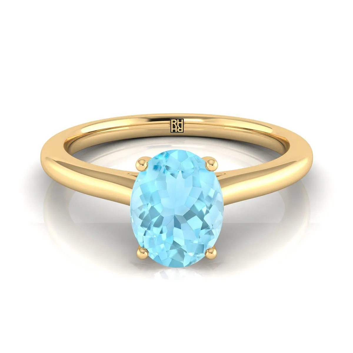 18K Yellow Gold Oval Aquamarine Pinched Comfort Fit Claw Prong Solitaire Engagement Ring
