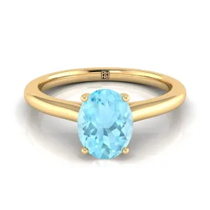 18K Yellow Gold Oval Aquamarine Pinched Comfort Fit Claw Prong Solitaire Engagement Ring