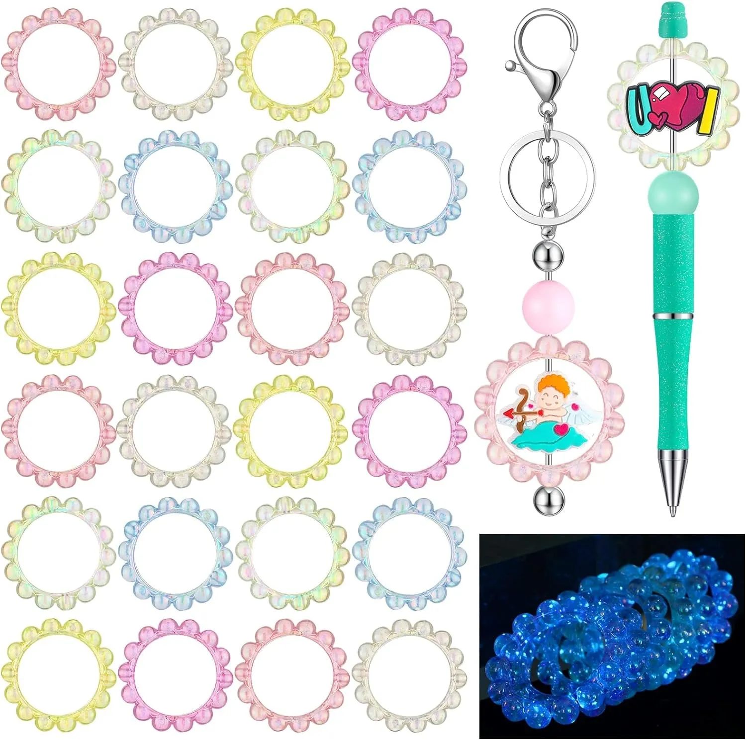 24 Pcs 42 Mm Acrylic Focal Frame Circle Loop with 2 Holes for DIY Beaded Pen Keychain Focal Bead Loop for Pen Jewelry Making Bracelet Car Necklace Craft Hanging (Stylish Colors,Round)