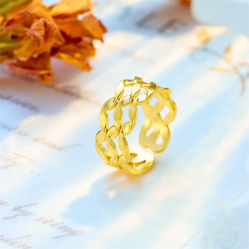 316L Stainless Steel Geometric Wave Twist Adjustable Ring For Women Men