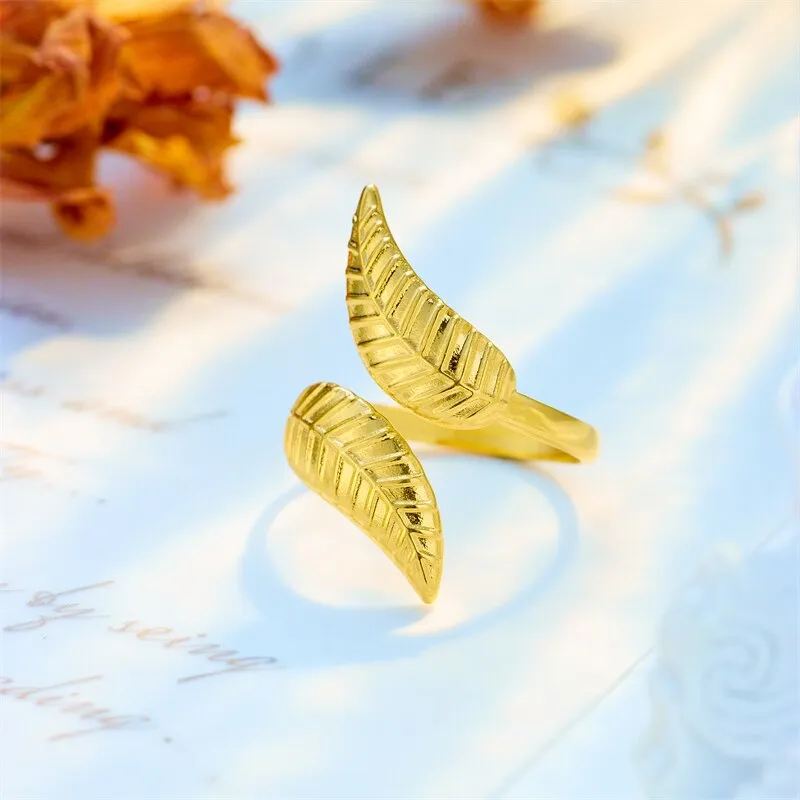316L Stainless Steel Gold Color Leaf Opening Adjustable Ring For Women Men