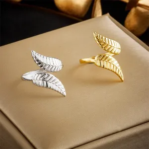 316L Stainless Steel Gold Color Leaf Opening Adjustable Ring For Women Men