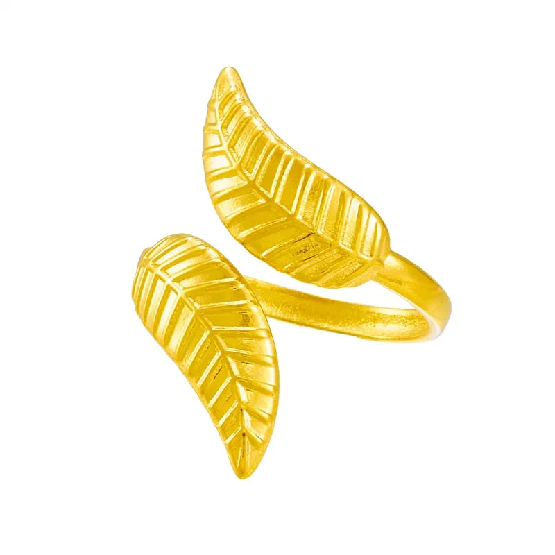 316L Stainless Steel Gold Color Leaf Opening Adjustable Ring For Women Men