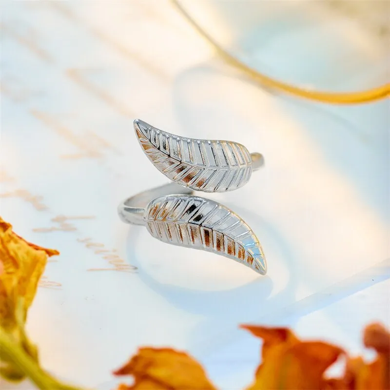 316L Stainless Steel Gold Color Leaf Opening Adjustable Ring For Women Men