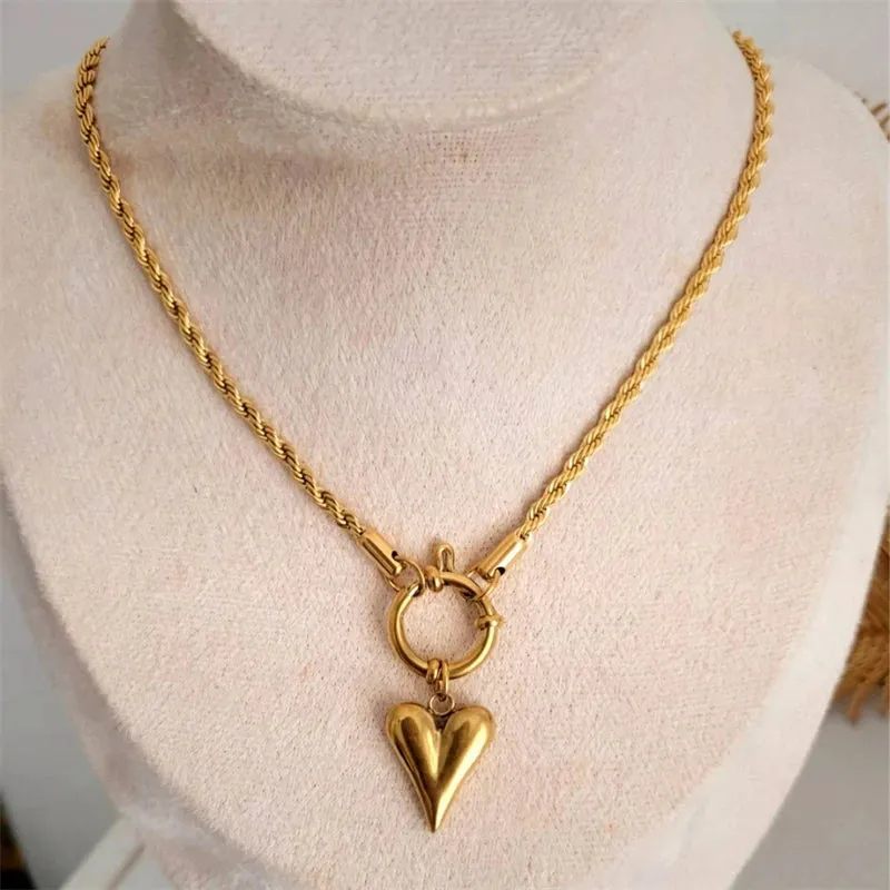 316L Stainless Steel Heart Charm Rope Chain Choker Set
