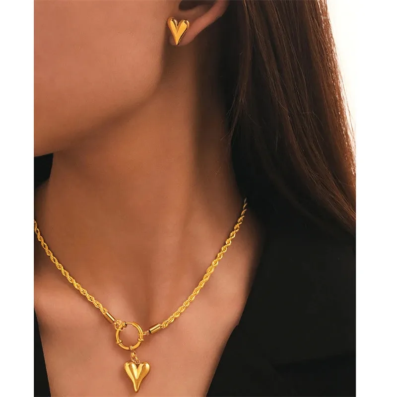 316L Stainless Steel Heart Charm Rope Chain Choker Set