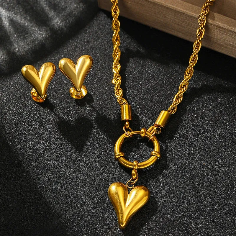 316L Stainless Steel Heart Charm Rope Chain Choker Set