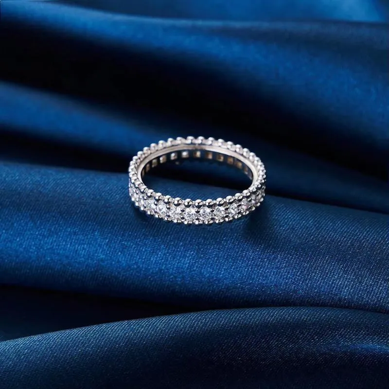 925 Sterling Silver 5A Clear Cubic Zirconia Bead Rings Rhodium Finger Ring for Women