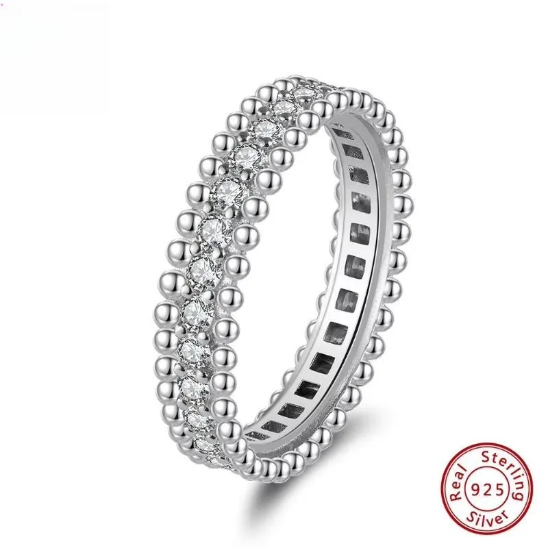 925 Sterling Silver 5A Clear Cubic Zirconia Bead Rings Rhodium Finger Ring for Women