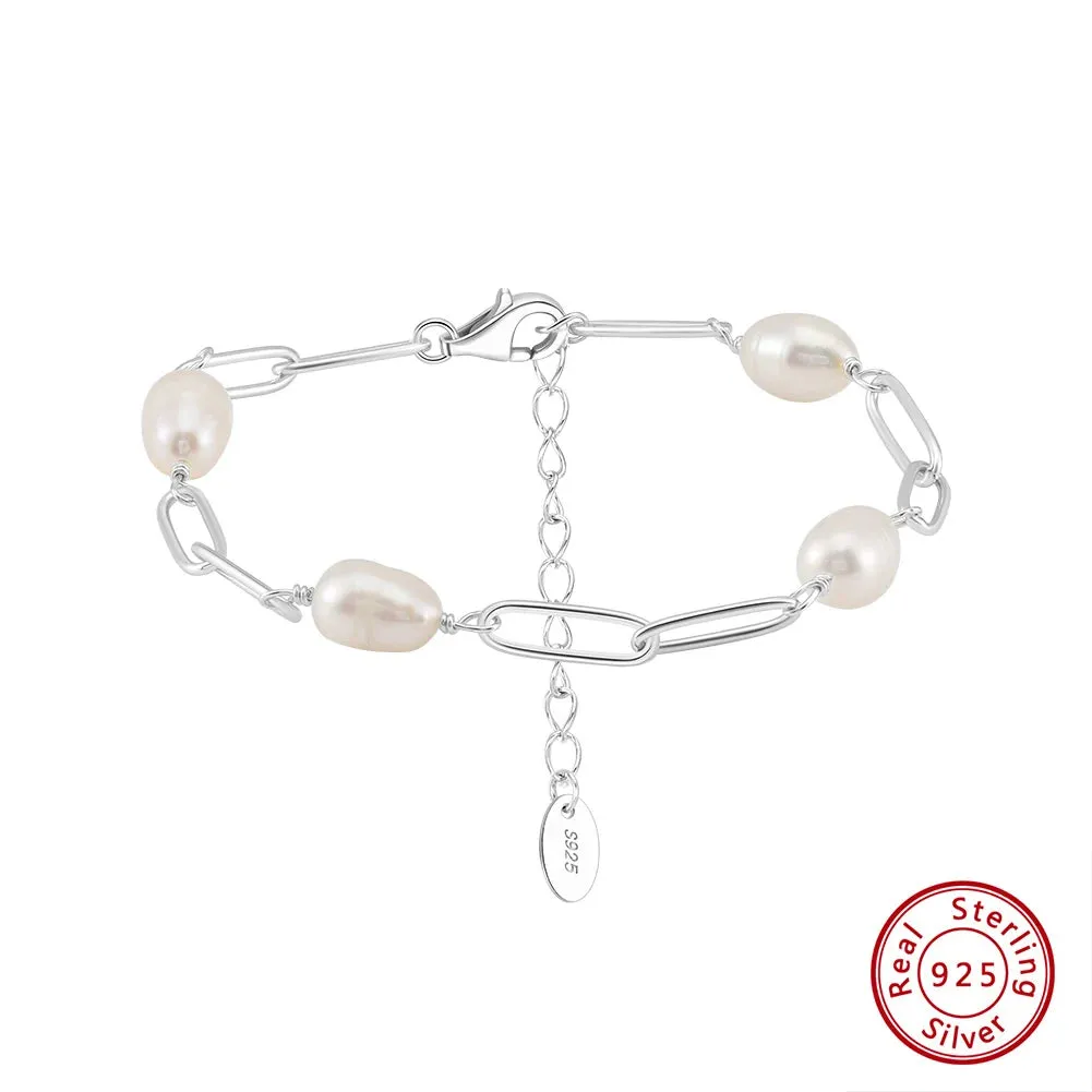 925 Sterling Silver Exquisite Freshwater Pearl Bracelet Baroque Pearls Chain Bracelet
