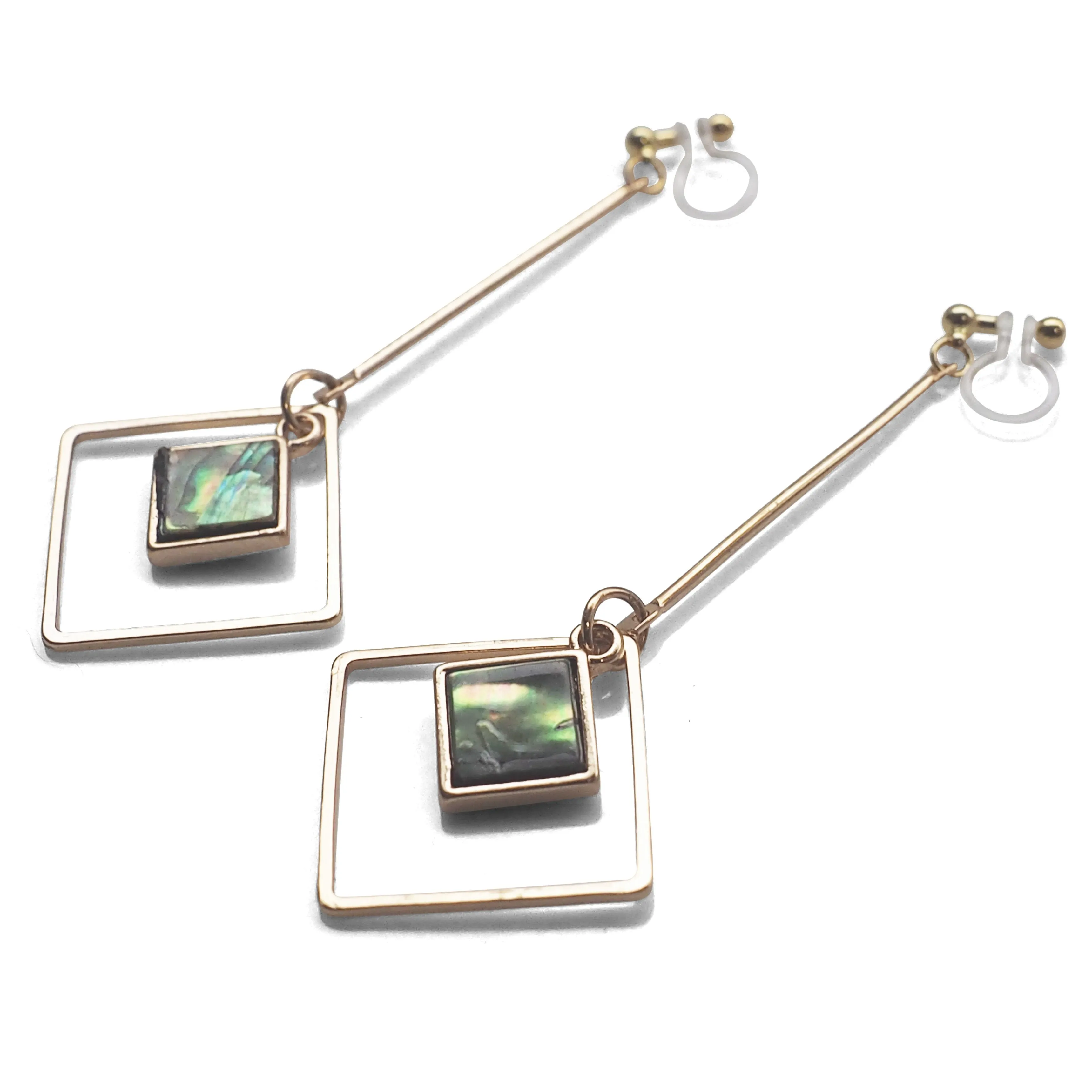 Abalone Shell and Dangle Long Square Hoop Invisible Clip on Earrings