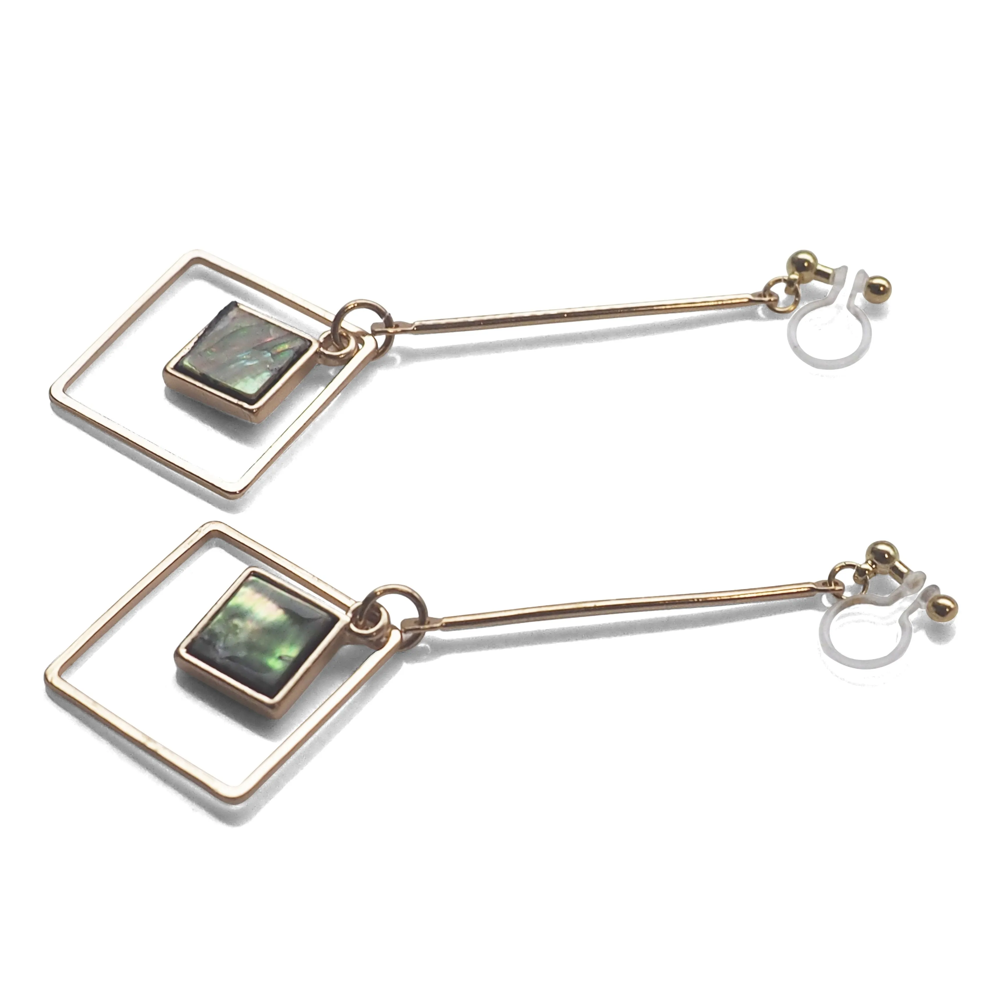 Abalone Shell and Dangle Long Square Hoop Invisible Clip on Earrings