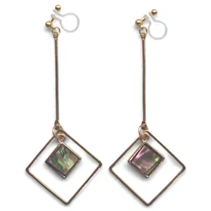 Abalone Shell and Dangle Long Square Hoop Invisible Clip on Earrings