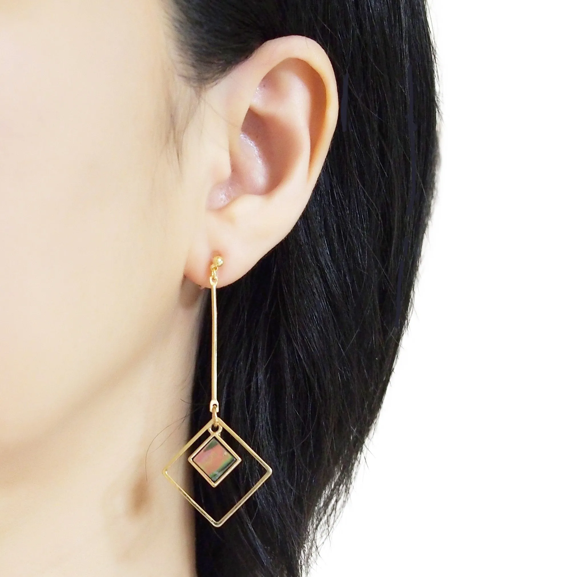 Abalone Shell and Dangle Long Square Hoop Invisible Clip on Earrings