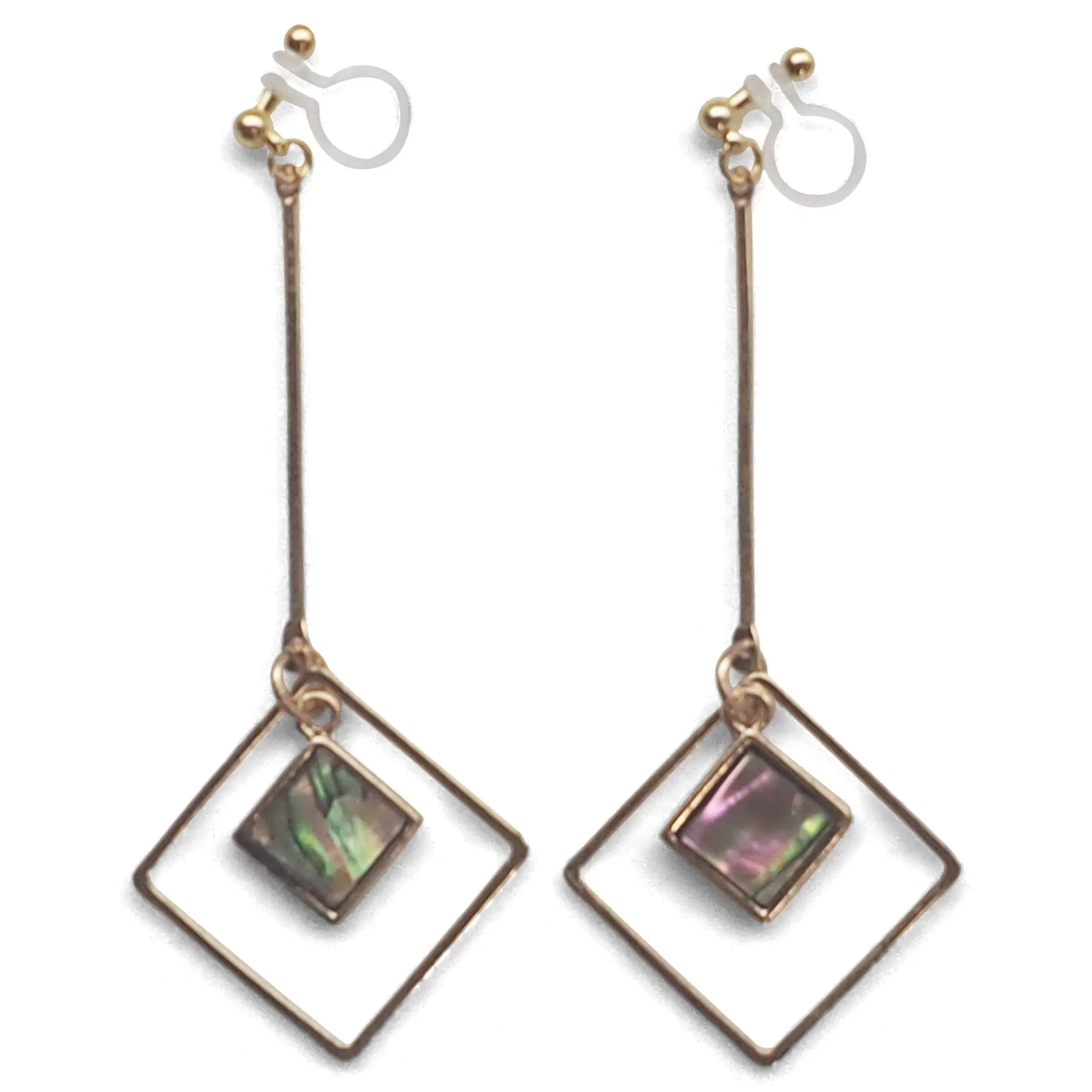 Abalone Shell and Dangle Long Square Hoop Invisible Clip on Earrings