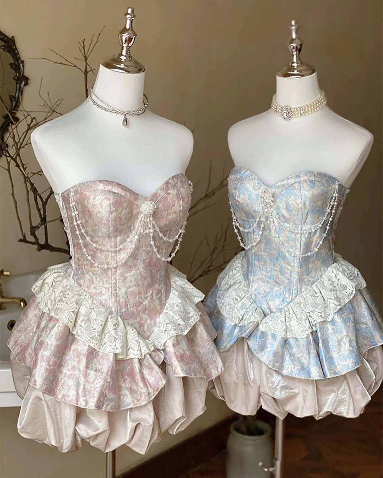 Amozae-nye outfits back to school dress  Lolita Pearl Chain Layered Tube Mini Dress