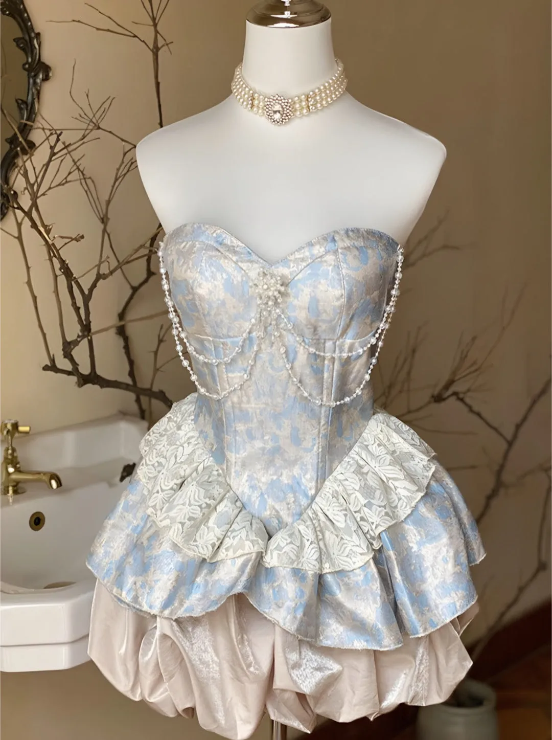 Amozae-nye outfits back to school dress  Lolita Pearl Chain Layered Tube Mini Dress