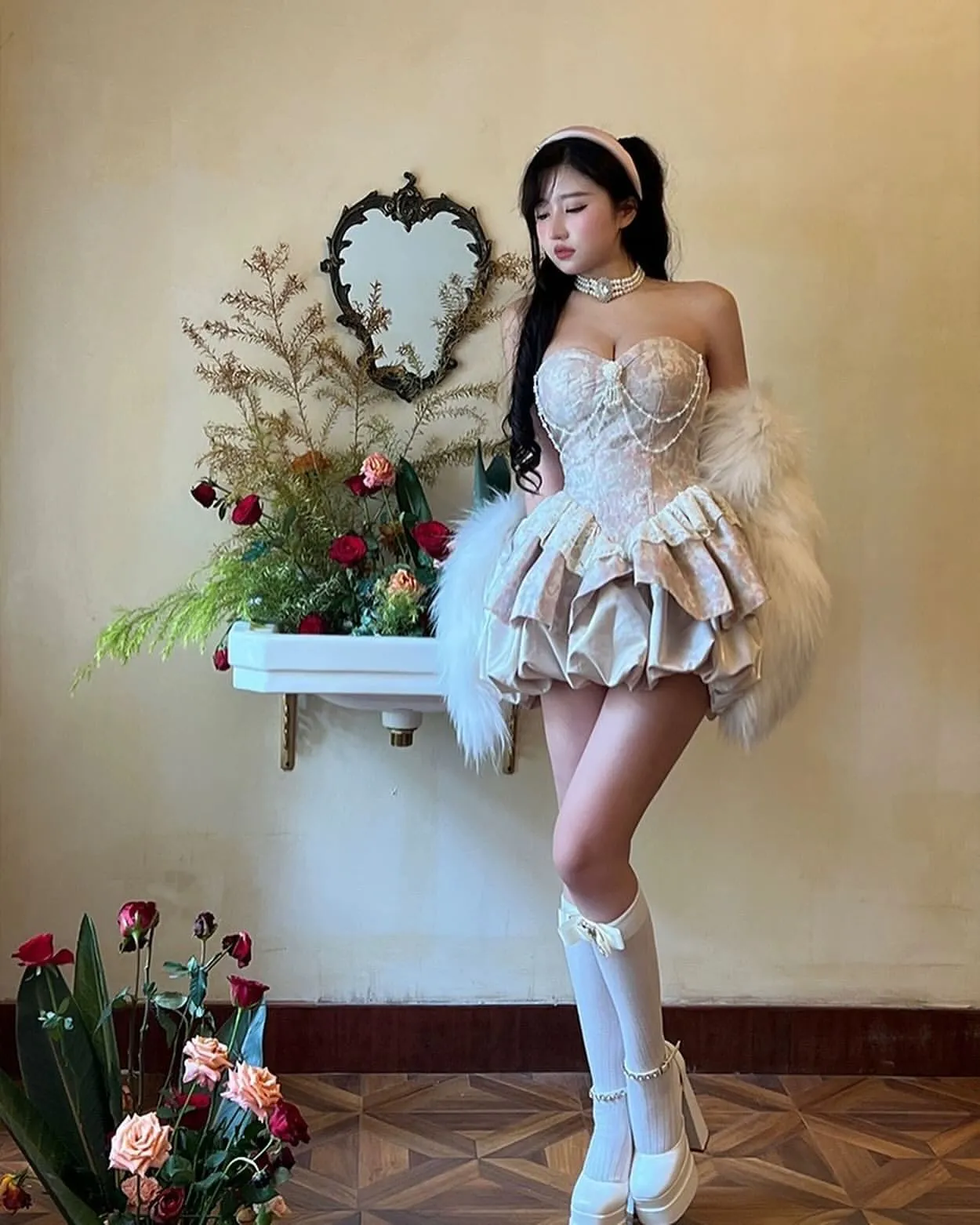 Amozae-nye outfits back to school dress  Lolita Pearl Chain Layered Tube Mini Dress