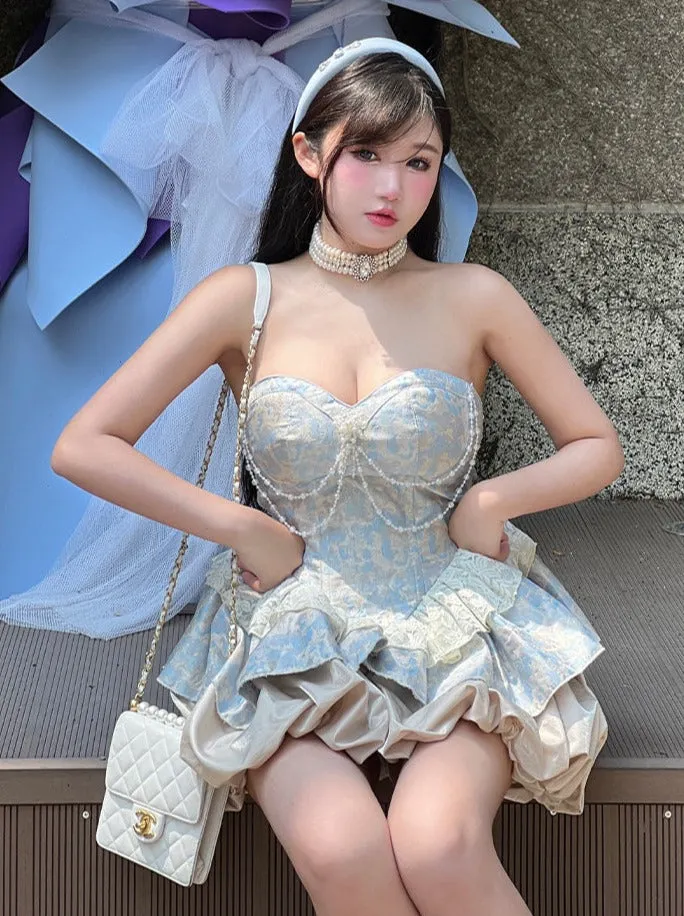 Amozae-nye outfits back to school dress  Lolita Pearl Chain Layered Tube Mini Dress