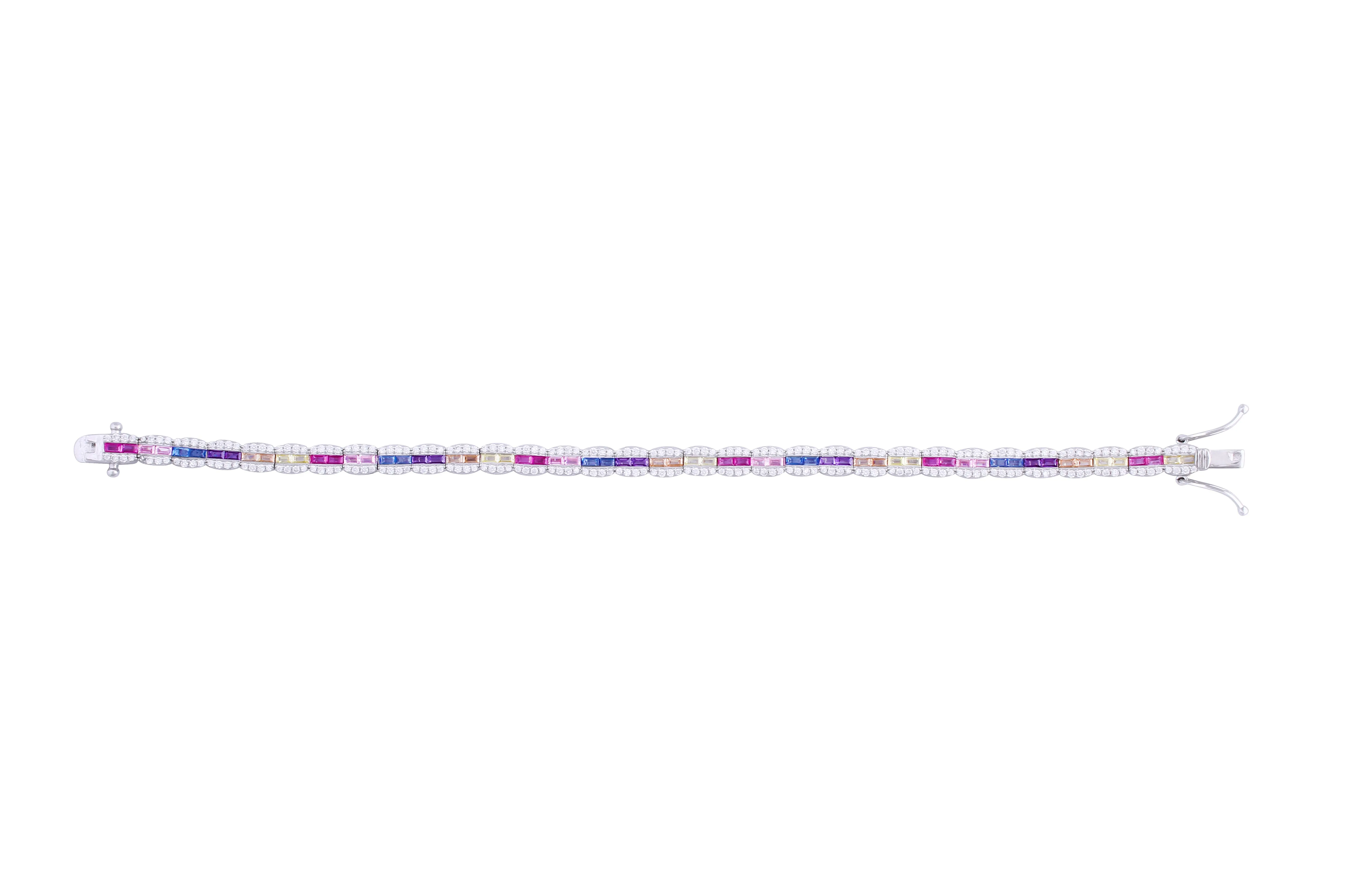 Asfour Tennis Bracelet Inlaid With Multi Color Baguette Stones In 925 Sterling Silver BR0465-K