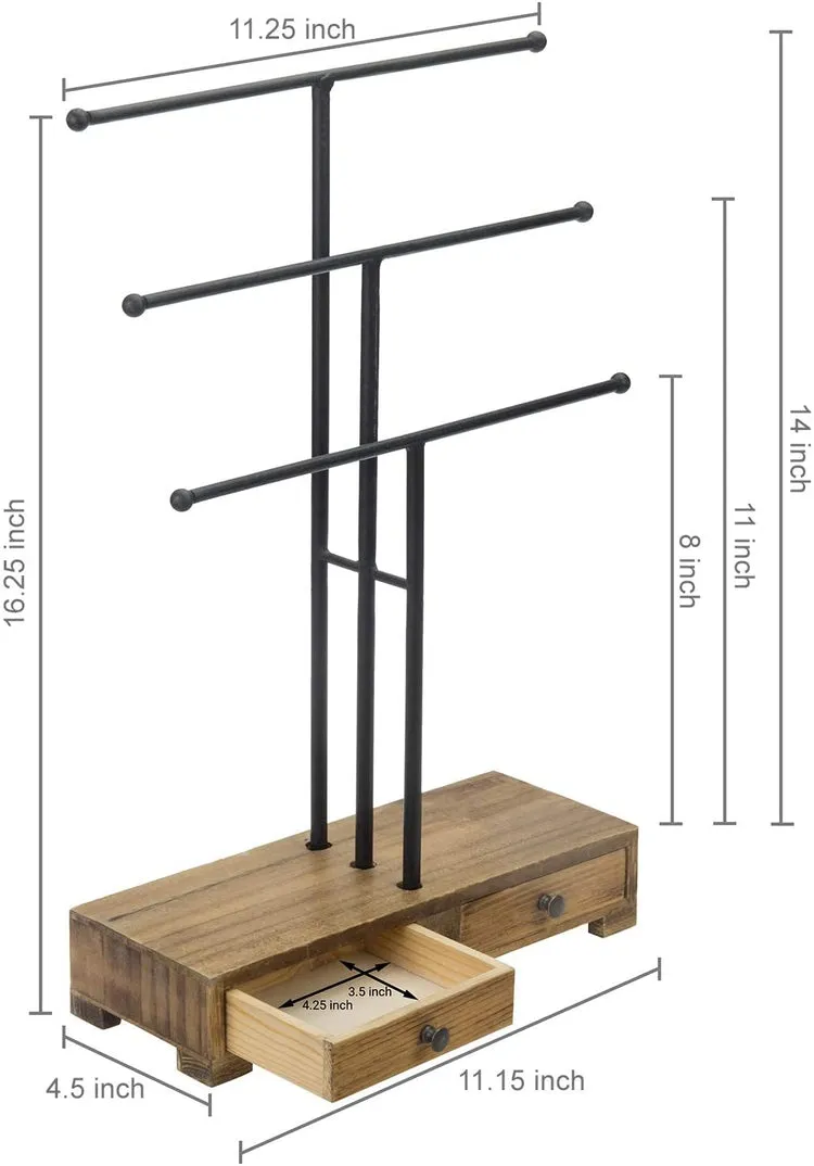 Black Metal T-Bar Jewelry Display Stand and Wooden Ring Drawers