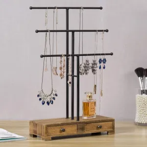 Black Metal T-Bar Jewelry Display Stand and Wooden Ring Drawers