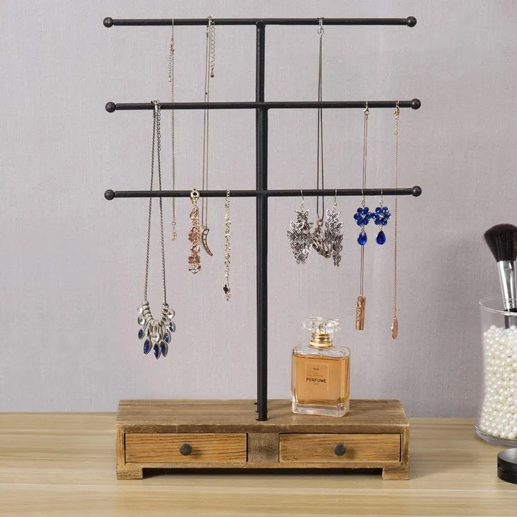 Black Metal T-Bar Jewelry Display Stand and Wooden Ring Drawers