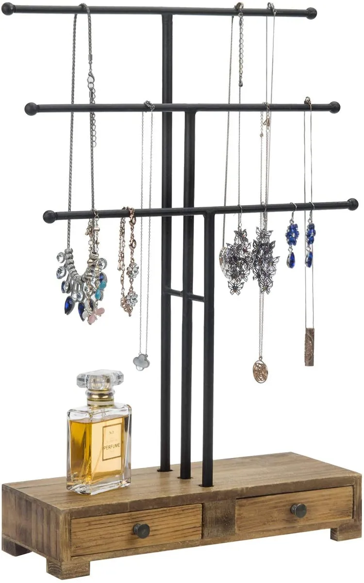 Black Metal T-Bar Jewelry Display Stand and Wooden Ring Drawers