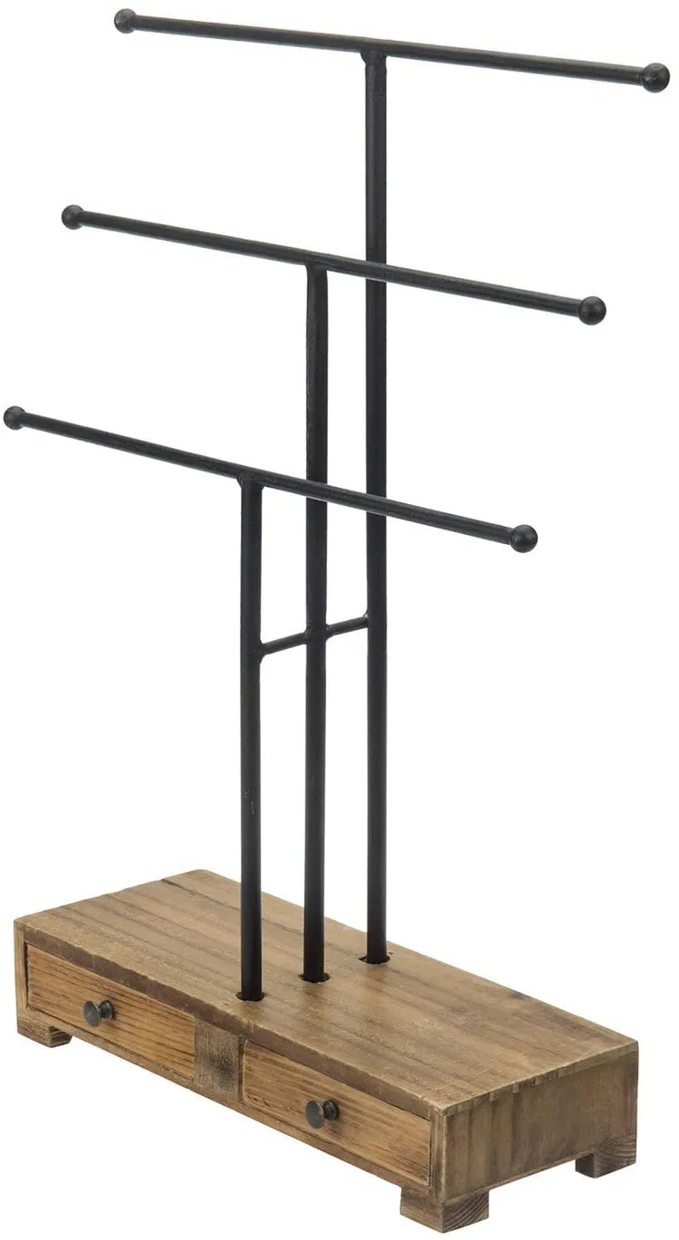Black Metal T-Bar Jewelry Display Stand and Wooden Ring Drawers