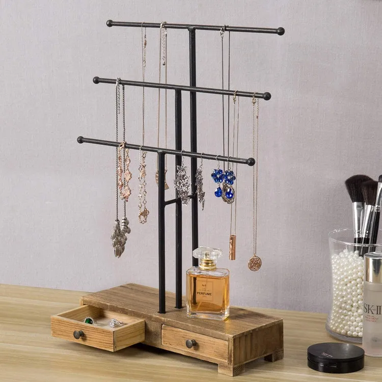 Black Metal T-Bar Jewelry Display Stand and Wooden Ring Drawers