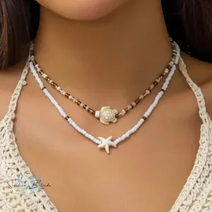 Brown and White Sea Turtle and Starfish Necklace Set