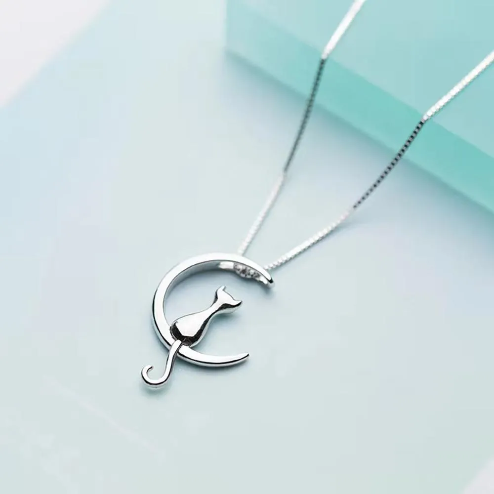 Chic Cat and The Moon Sterling Silver Necklace