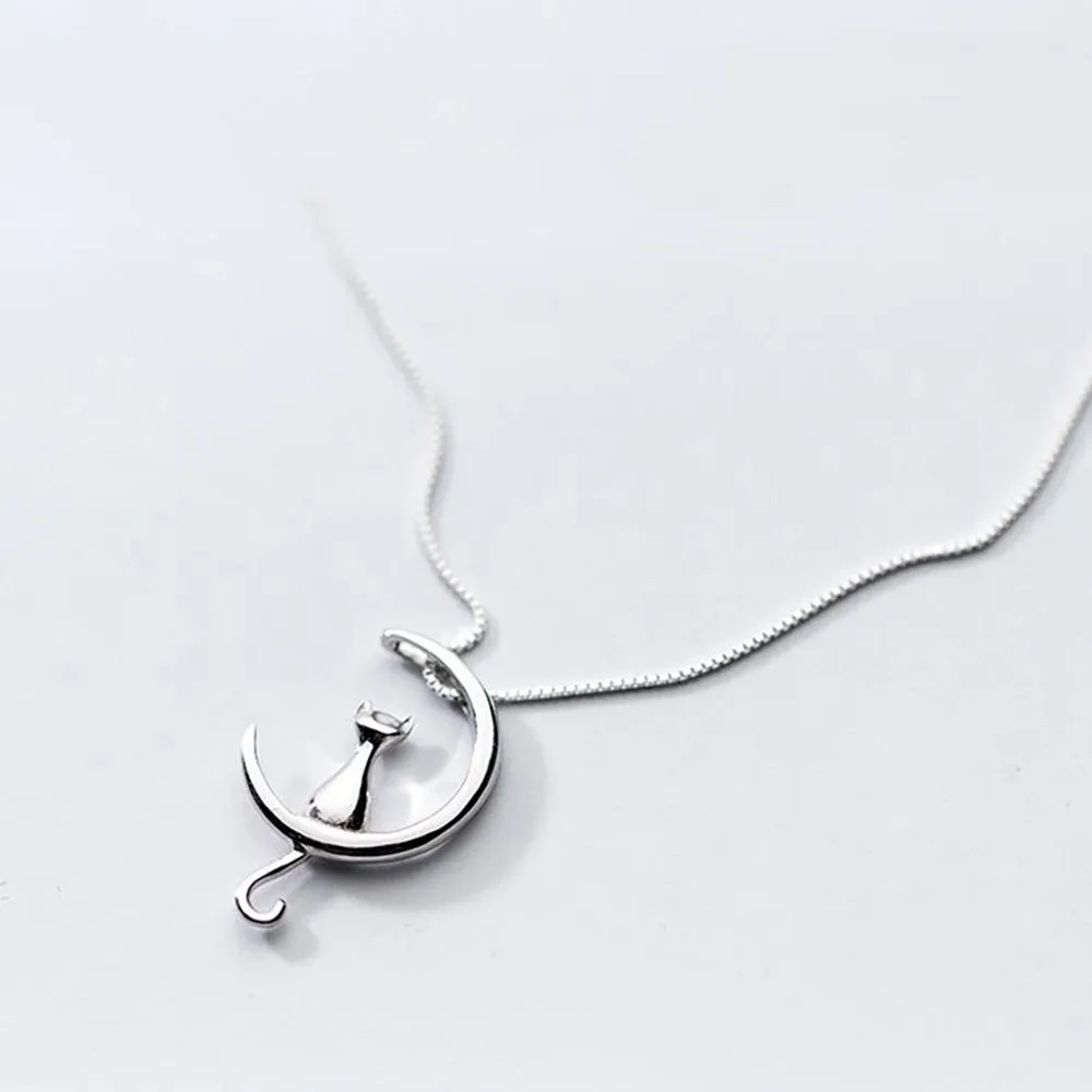 Chic Cat and The Moon Sterling Silver Necklace
