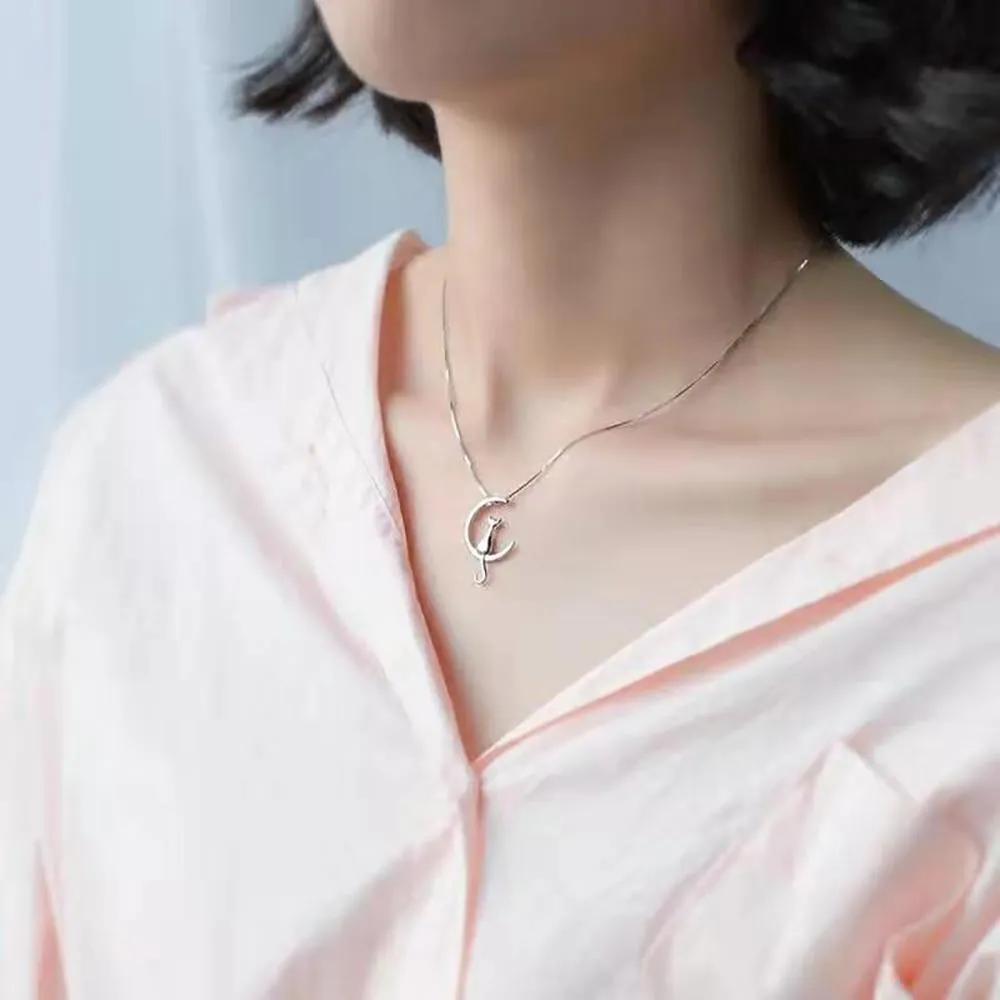 Chic Cat and The Moon Sterling Silver Necklace