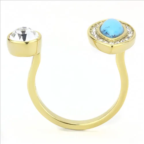 CJE3592 Wholesale Women's Stainless Steel IP Gold Synthetic Turquoise Ring