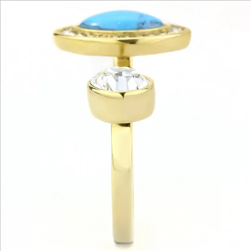 CJE3592 Wholesale Women's Stainless Steel IP Gold Synthetic Turquoise Ring