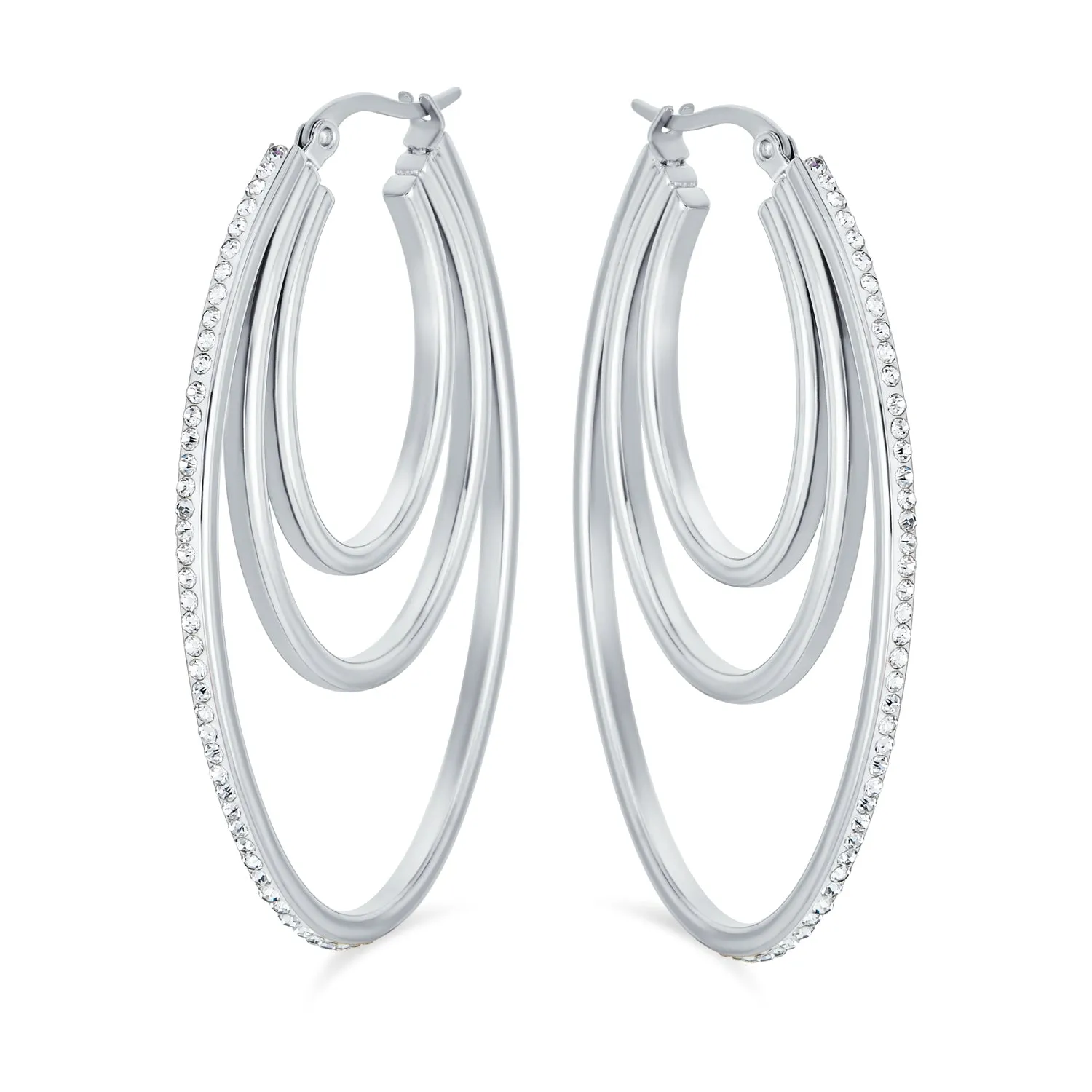Crystal Boho Style Large Hoop Huggie Earrings Rose Silver Tone Stainless Steel