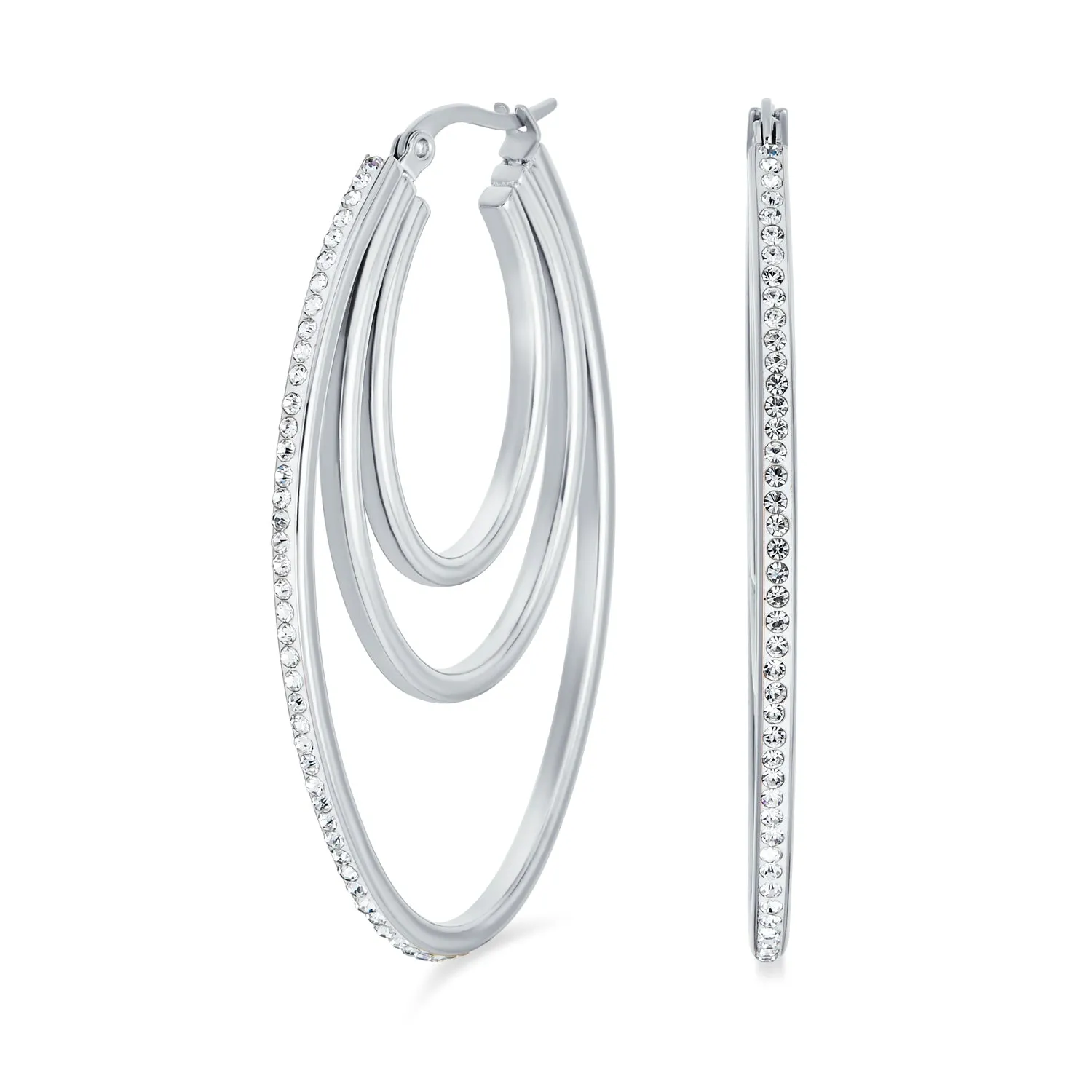 Crystal Boho Style Large Hoop Huggie Earrings Rose Silver Tone Stainless Steel