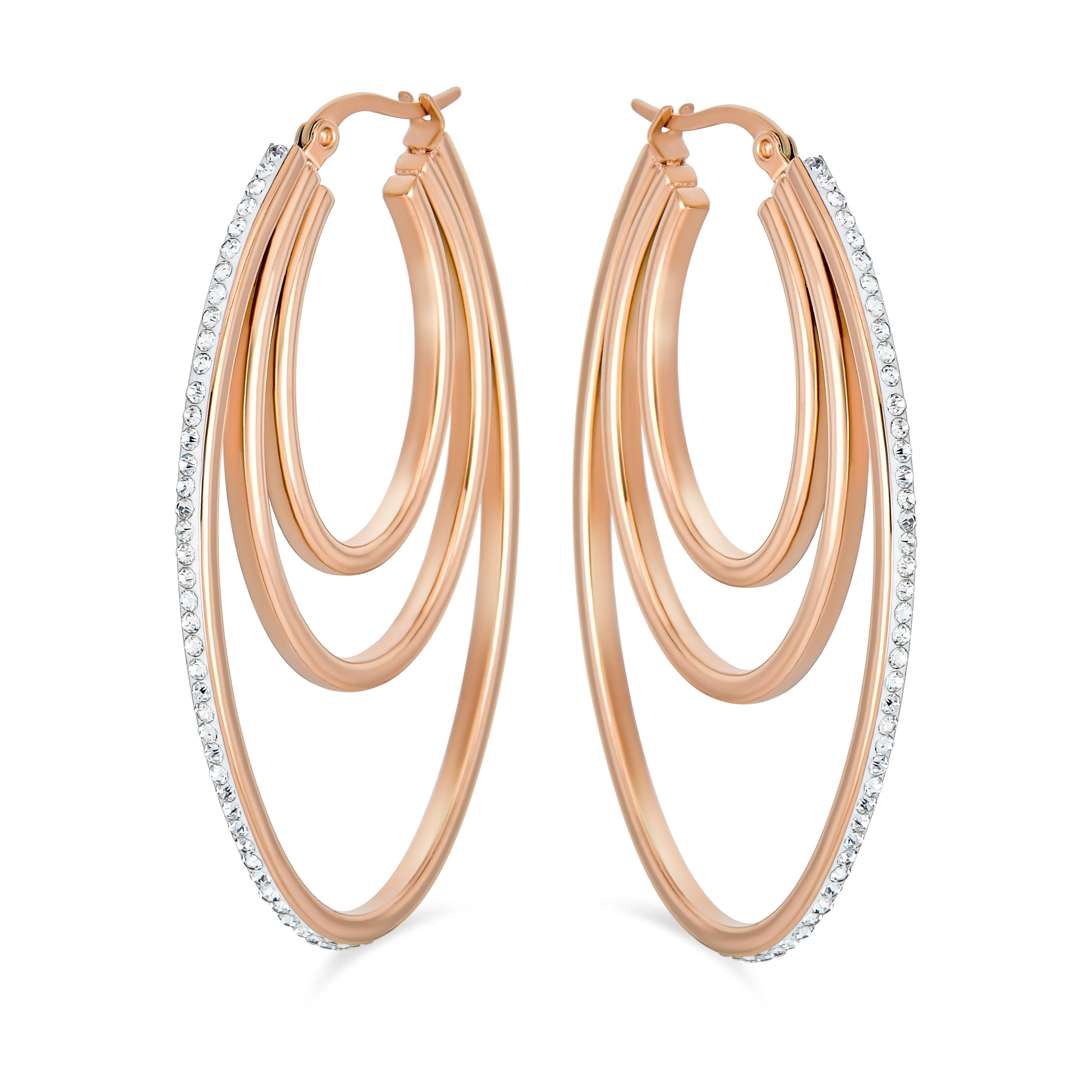 Crystal Boho Style Large Hoop Huggie Earrings Rose Silver Tone Stainless Steel