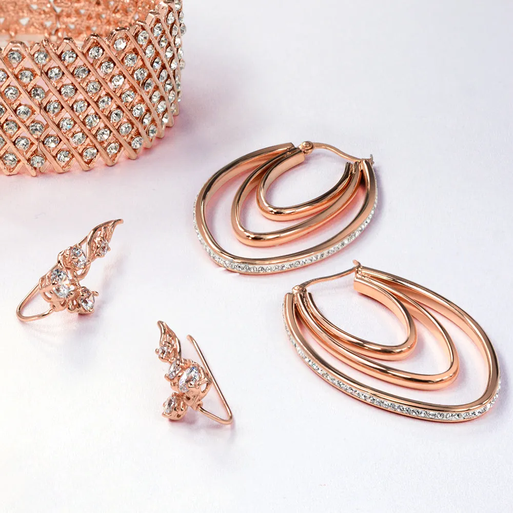 Crystal Boho Style Large Hoop Huggie Earrings Rose Silver Tone Stainless Steel