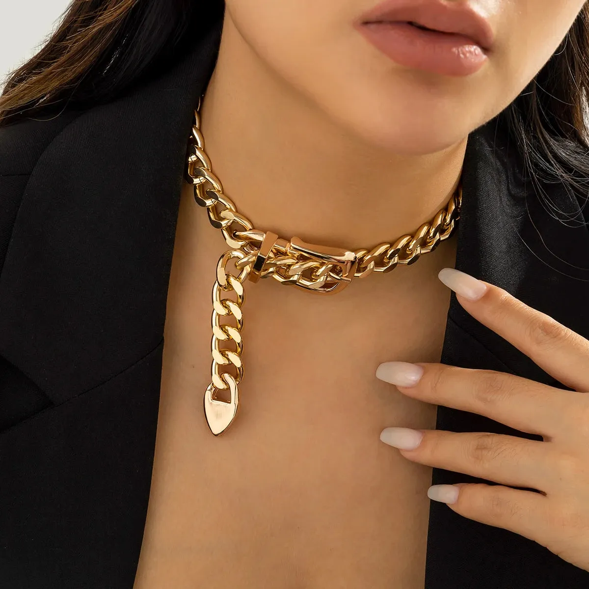 Cuban Chunky Chain Choker Punk Exaggeration Belt Buckle Necklace for Women Vintage Heavy Metal Thick Chain Short Necklace