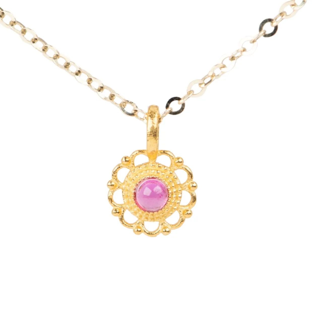 Dainty 18K Gold Ruby Charm with Delicate Lace Edge R4528
