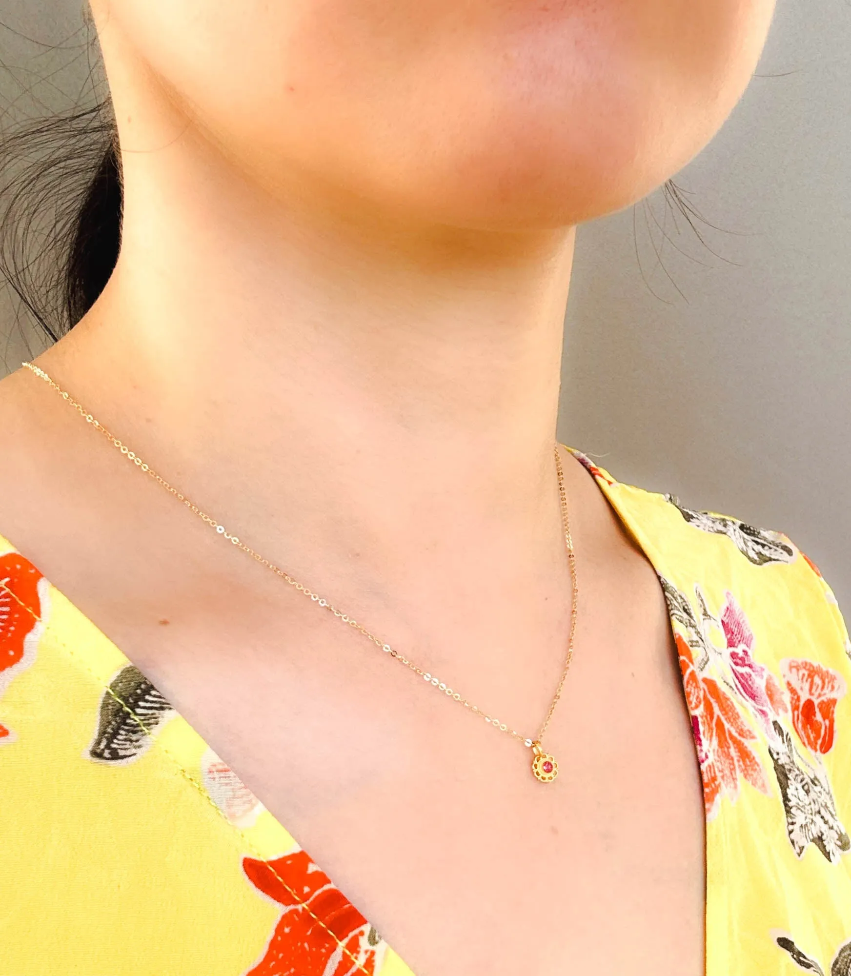 Dainty 18K Gold Ruby Charm with Delicate Lace Edge R4528