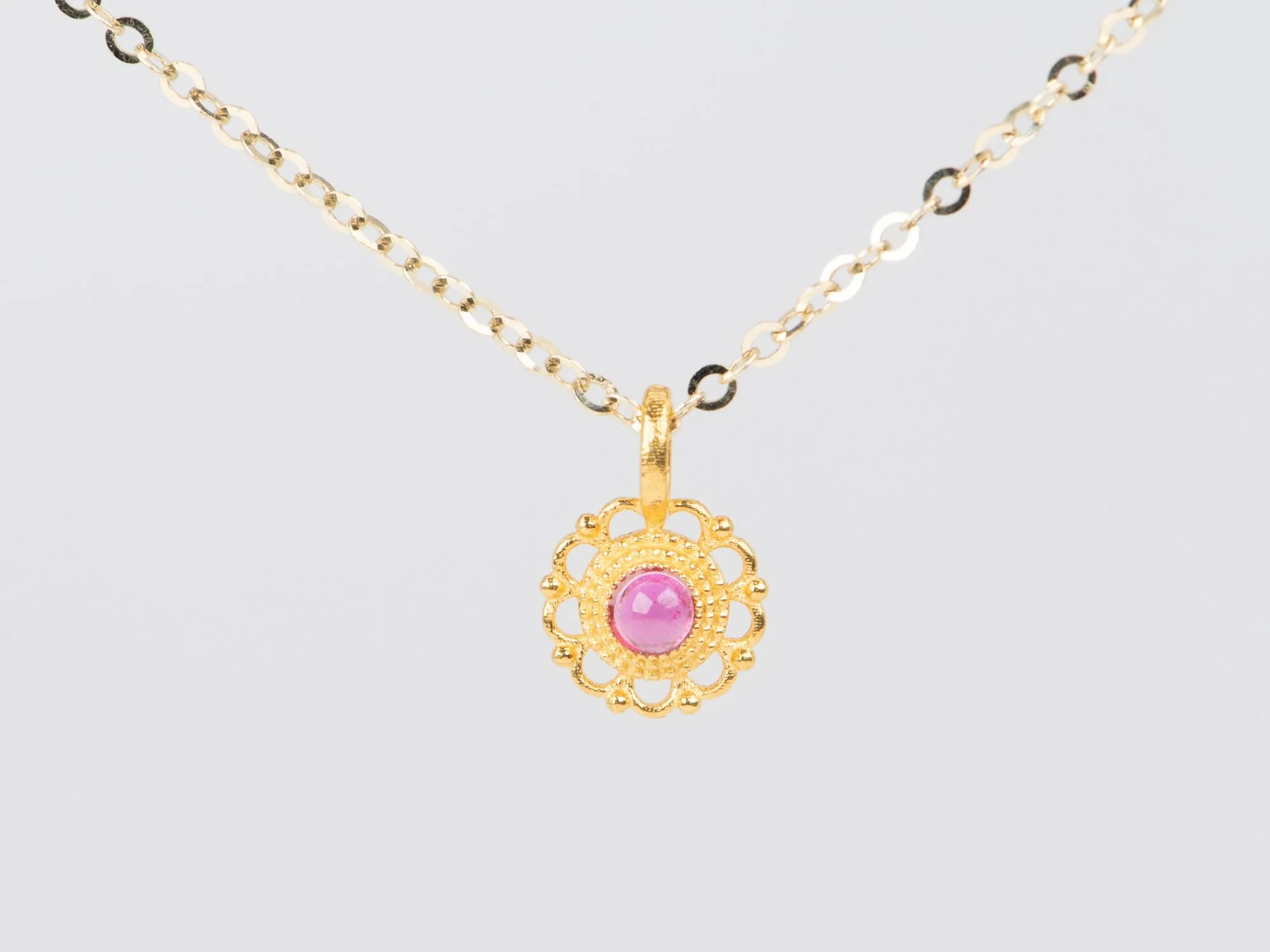 Dainty 18K Gold Ruby Charm with Delicate Lace Edge R4528