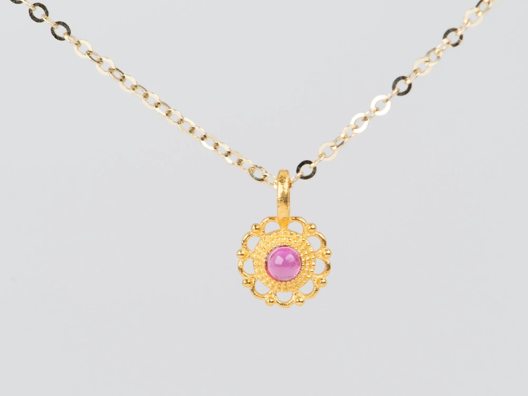 Dainty 18K Gold Ruby Charm with Delicate Lace Edge R4528