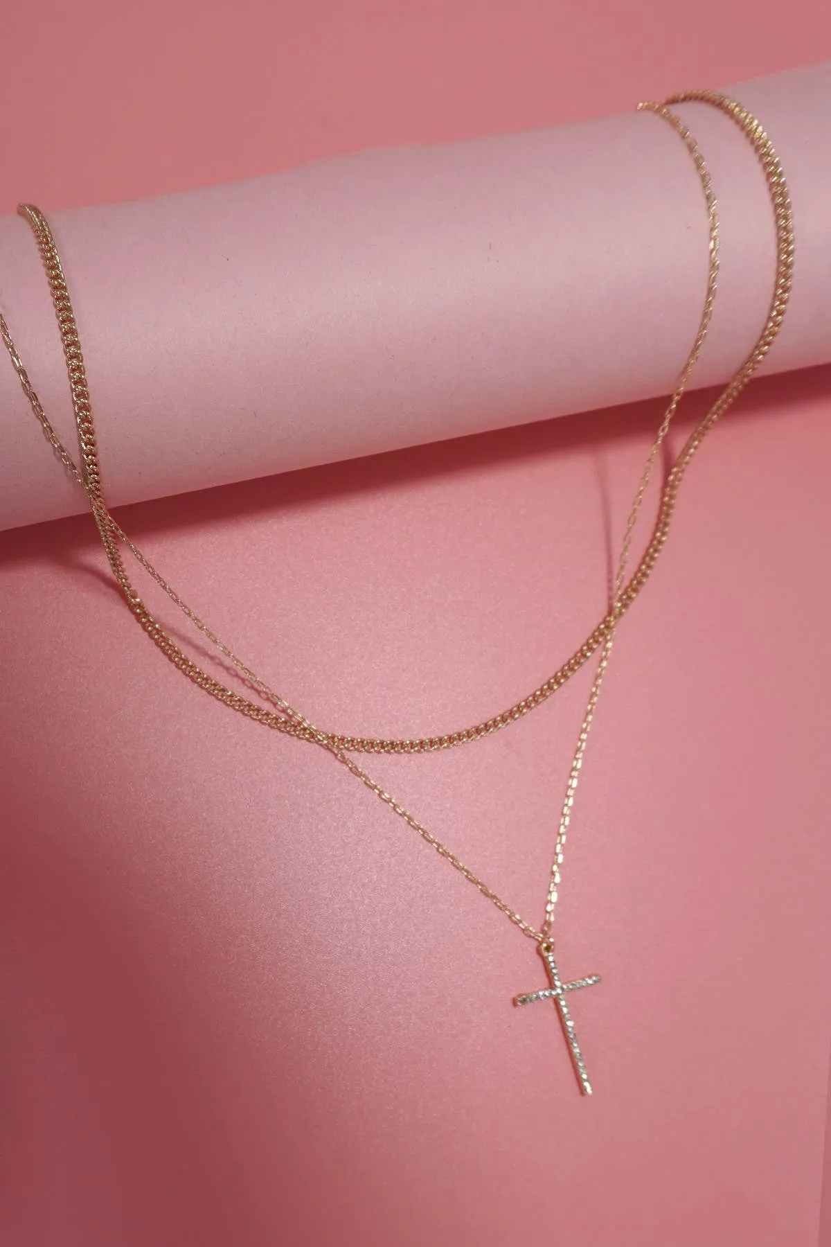 Double Layer Rhinestone Cross Charm Necklace