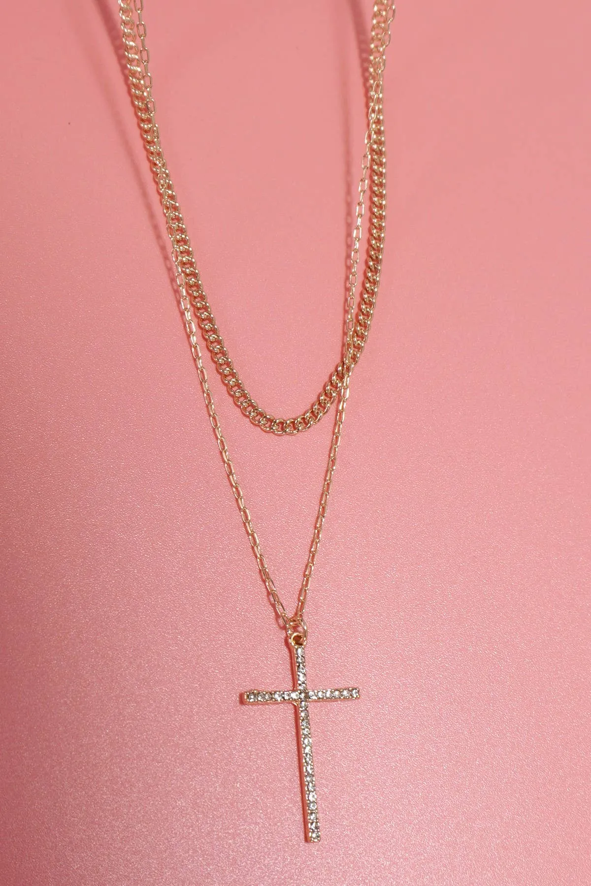 Double Layer Rhinestone Cross Charm Necklace