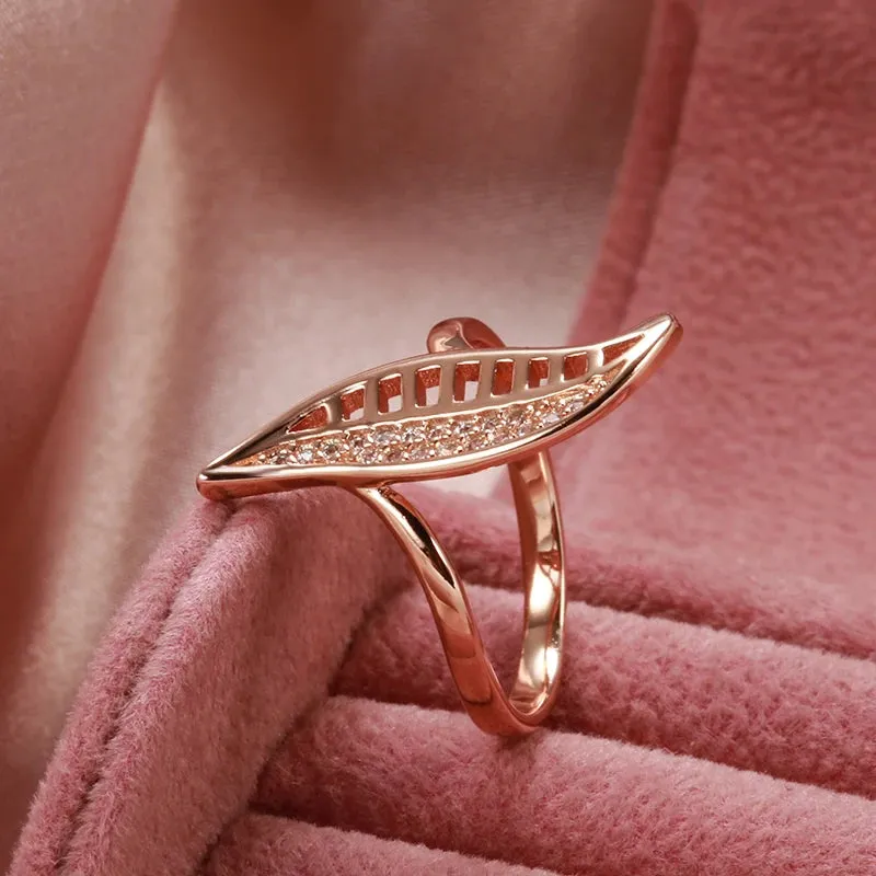 Elegant Leaf Shape Rolled 14K Rose Gold Micro Wax Inlay AAA Cubic Zirconia Diamonds Rings - Fashion Daily Jewelry